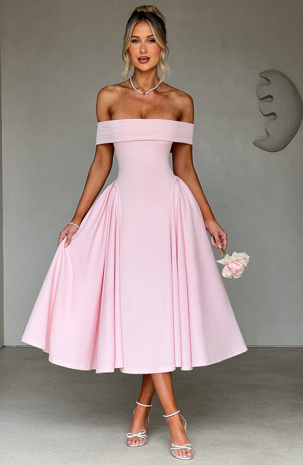Women's Off-Shoulder Midi Party Dress | Pleated Flare
