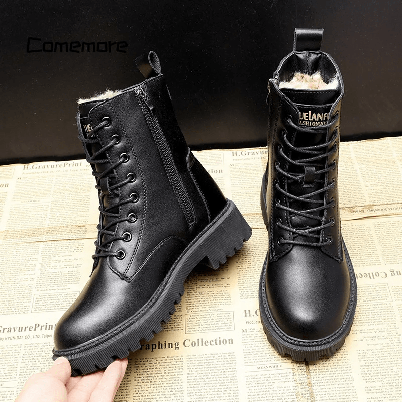 Bottes d'hiver noires en cuir pour femme | Bottines chaudes doublées