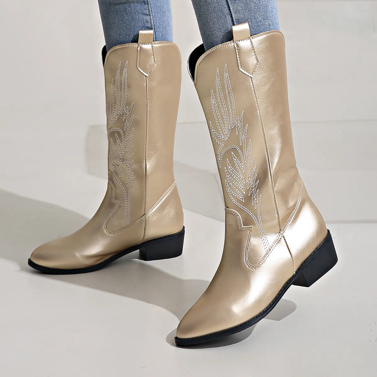 Knee-High Western Boots with Pull Tabs and Block Heel