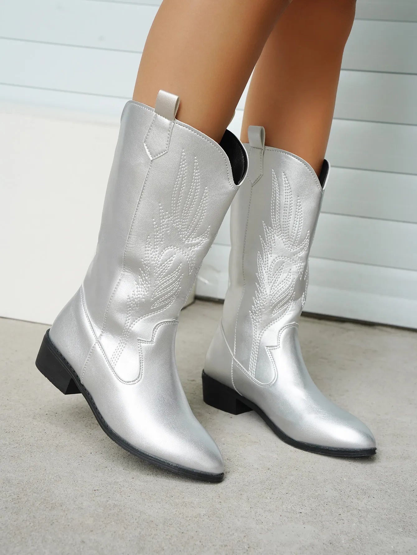 Knee-High Western Boots with Pull Tabs and Block Heel