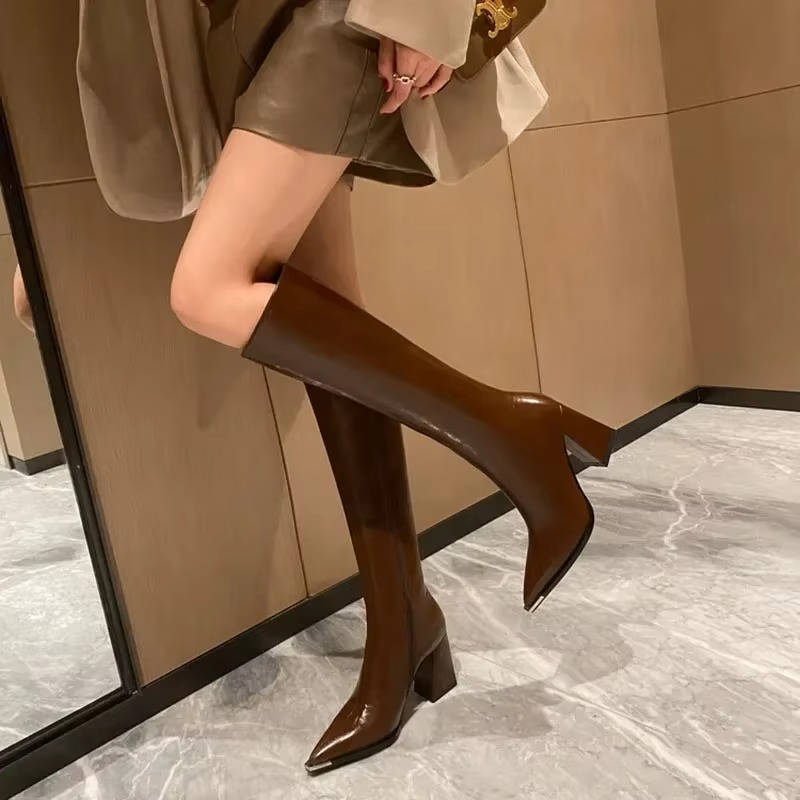 Women’s Knee-High Pointed Toe Block Heel Boots