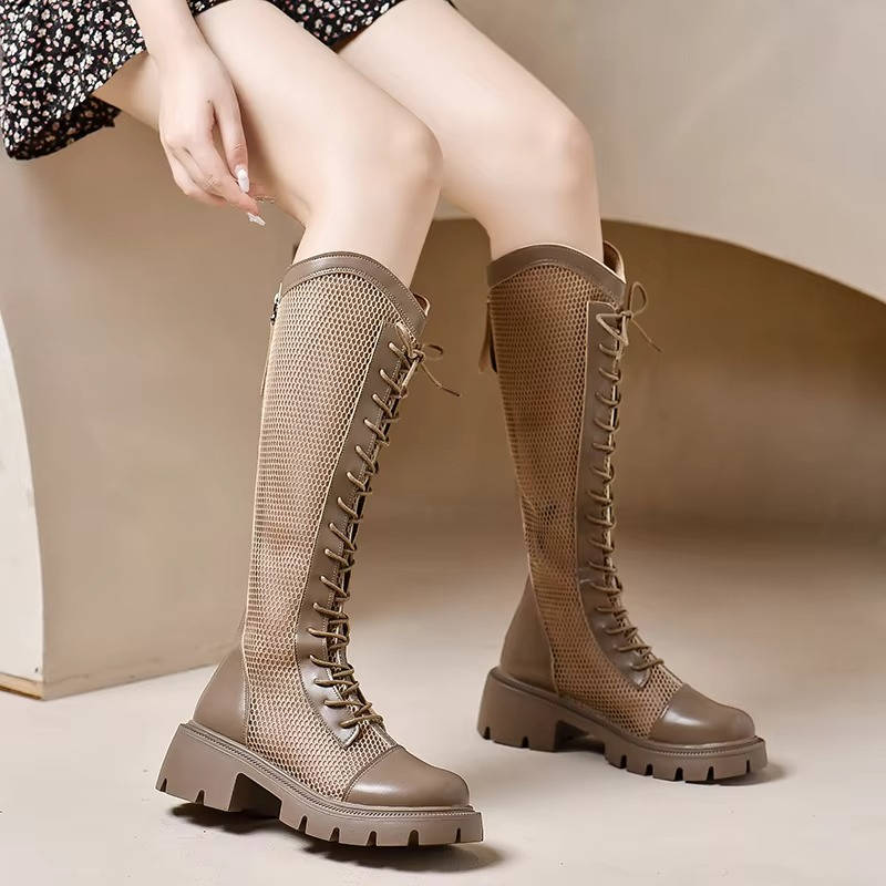 Women’s Knee-High Mesh Lace-Up Chunky Boots