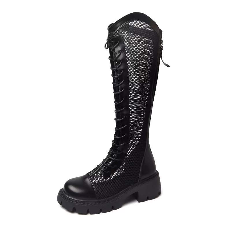 Women’s Knee-High Mesh Lace-Up Chunky Boots