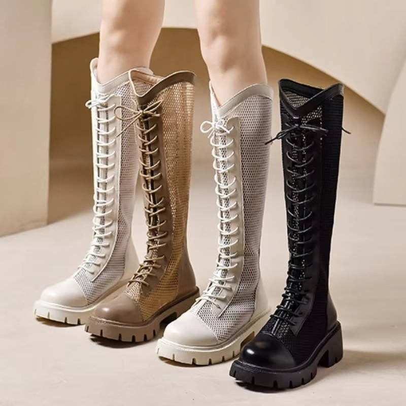 Women’s Knee-High Mesh Lace-Up Chunky Boots