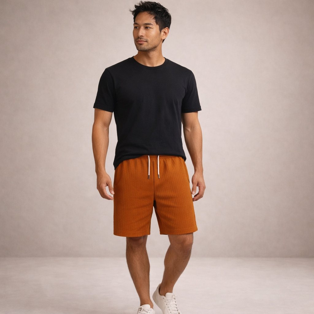 Linen-Blend Drawstring Shorts with Striped Texture
