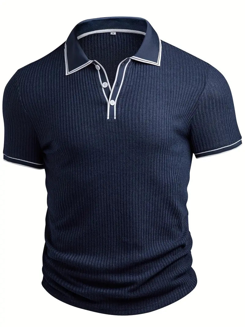 Ribbed Knit Polo with Contrast Placket Trim