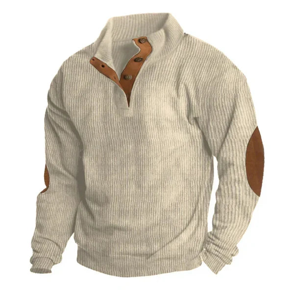 Men's Ribbed Stand Collar Sweatshirt with Contrast Patches