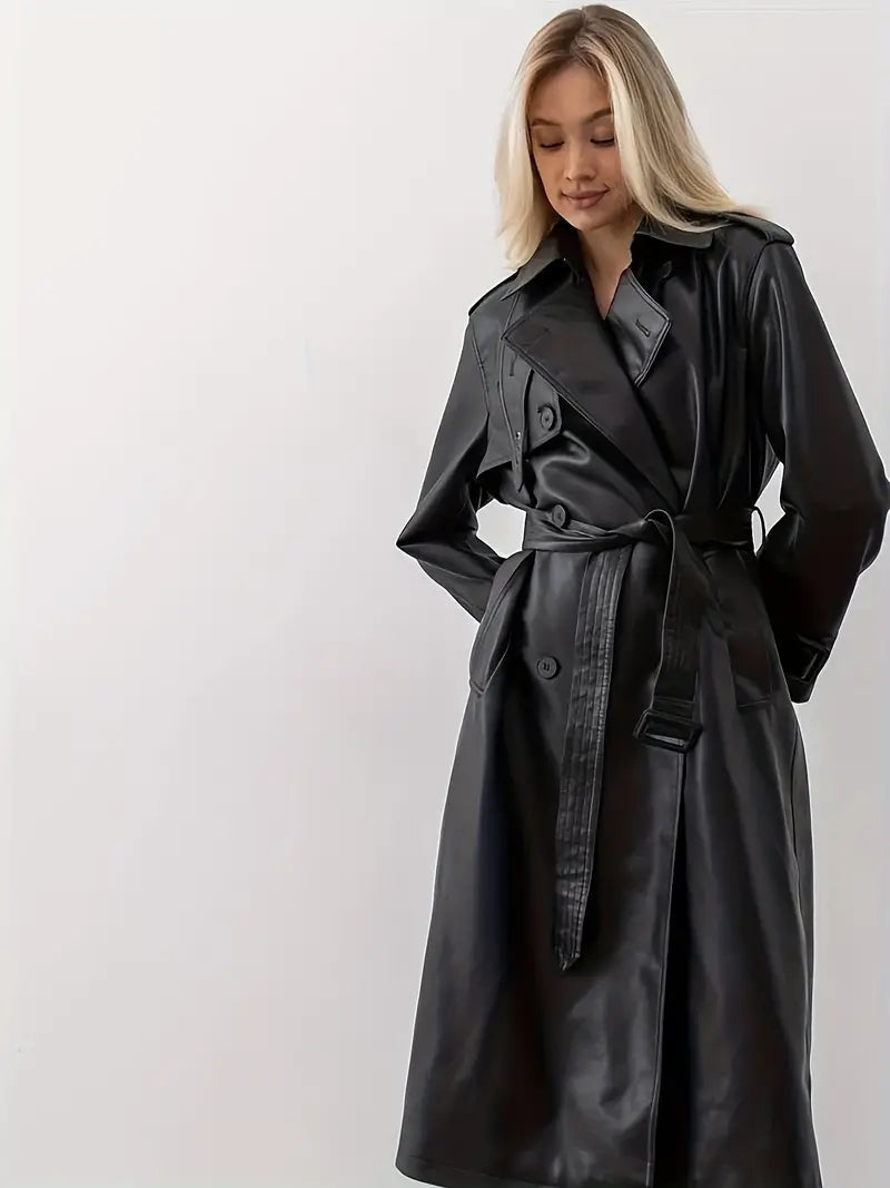 Trench-coat en similicuir pour femme avec ceinture
