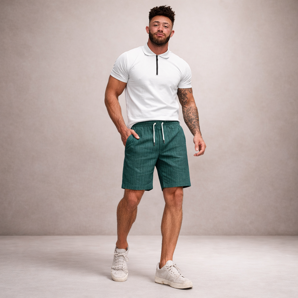 Linen-Blend Drawstring Shorts with Striped Texture