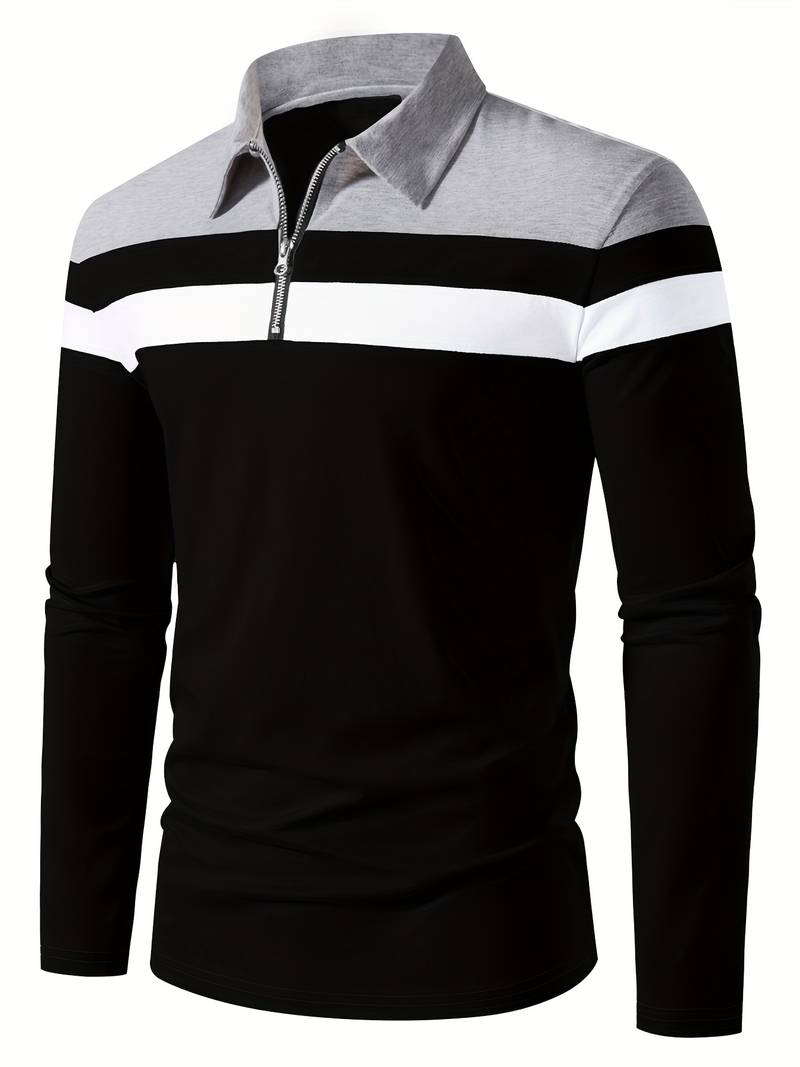 Men's Quarter Zip Colour Block Polo Shirt
