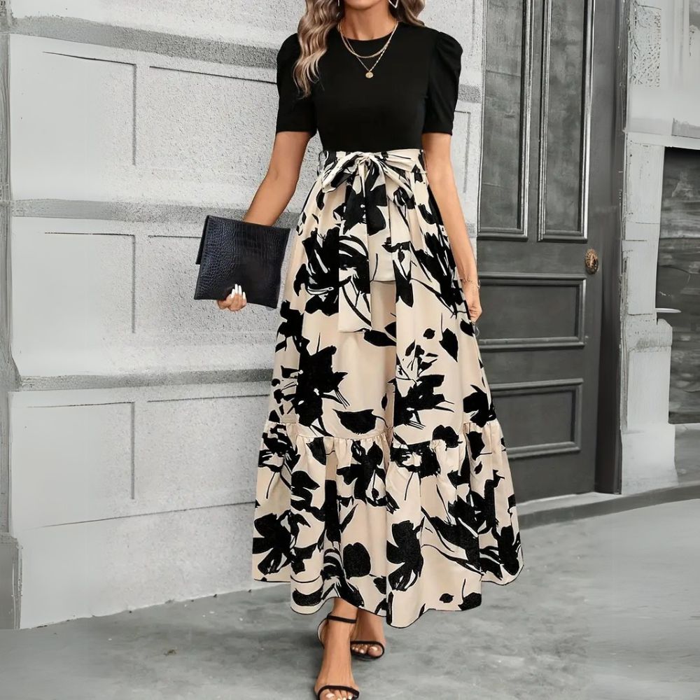 Printed Maxi Dress with Contrast Bodice and Tiered Hem