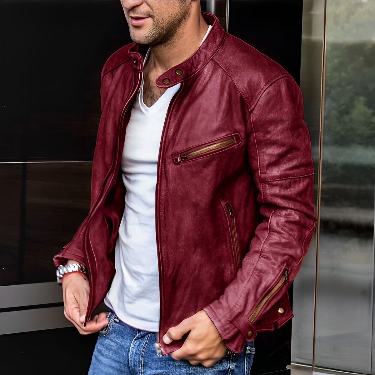 Men's Leather Biker Jacket | Stand Collar Casual Coat