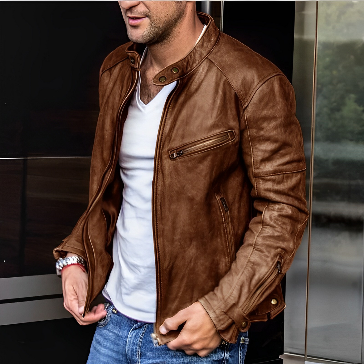 Men's Leather Biker Jacket | Stand Collar Casual Coat