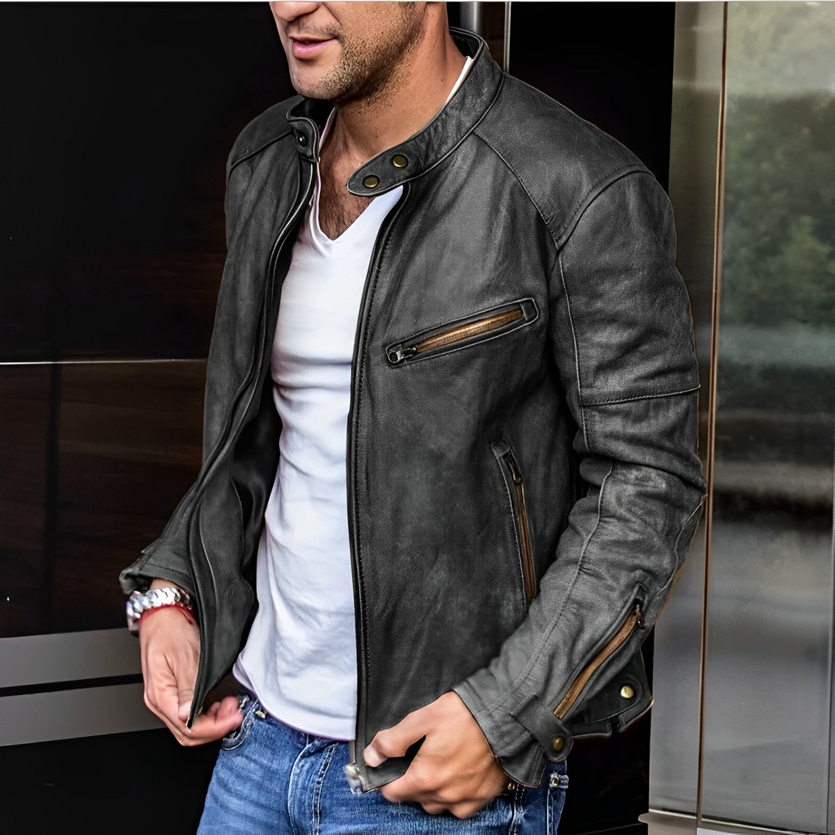 Men's Leather Biker Jacket | Stand Collar Casual Coat