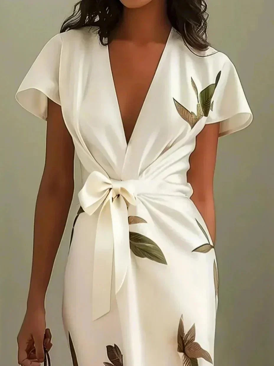 Women's Floral Wrap Midi Dress with Tie Waist