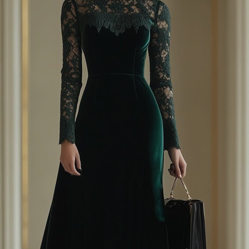 Robe midi en velours pour femme | Robe pour invitée de mariage à manches en dentelle