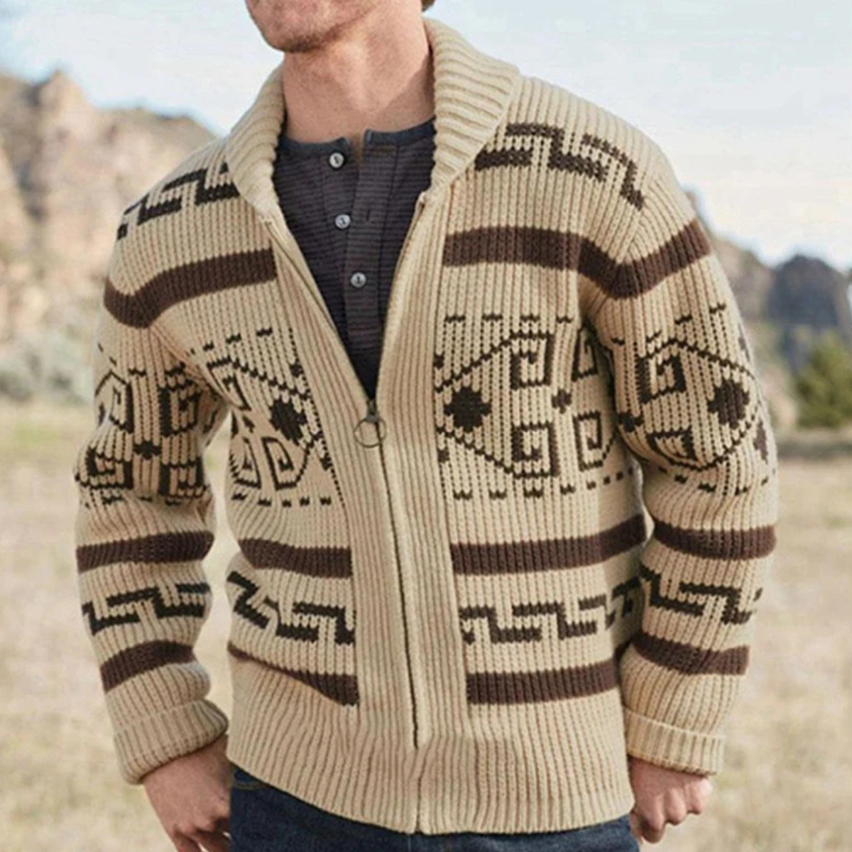 Men's Oversized Knit Cardigan | Open Front Ribbed Shawl Collar