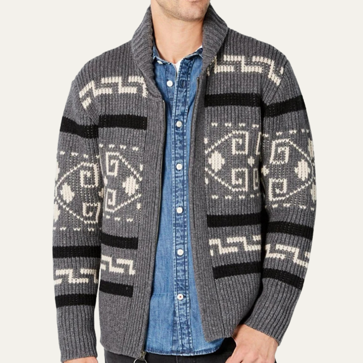 Men's Oversized Knit Cardigan | Open Front Ribbed Shawl Collar