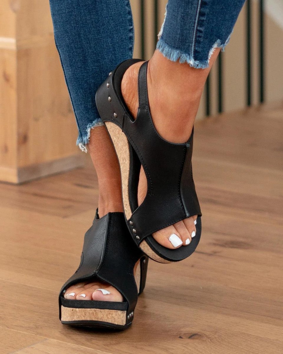 Suede Wedge Sandals with Cork Platform and Ankle Strap