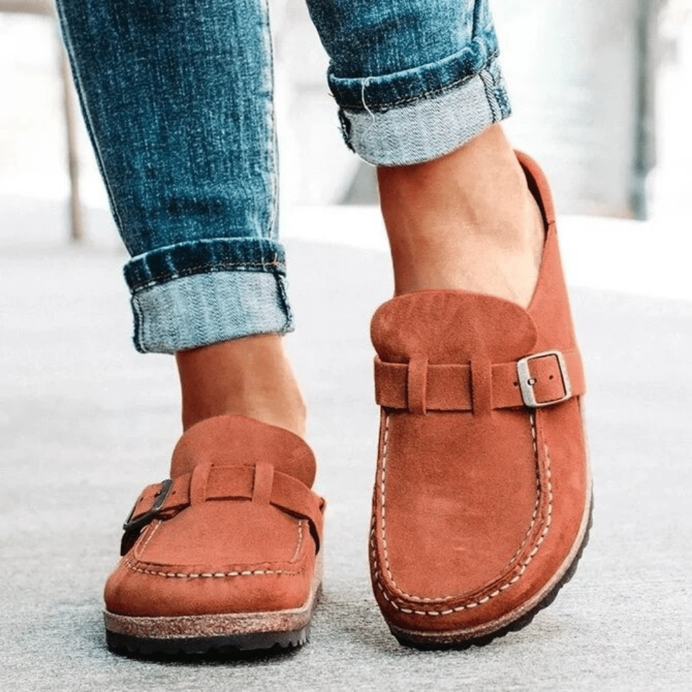 Backless Suede Mules with Buckle Strap