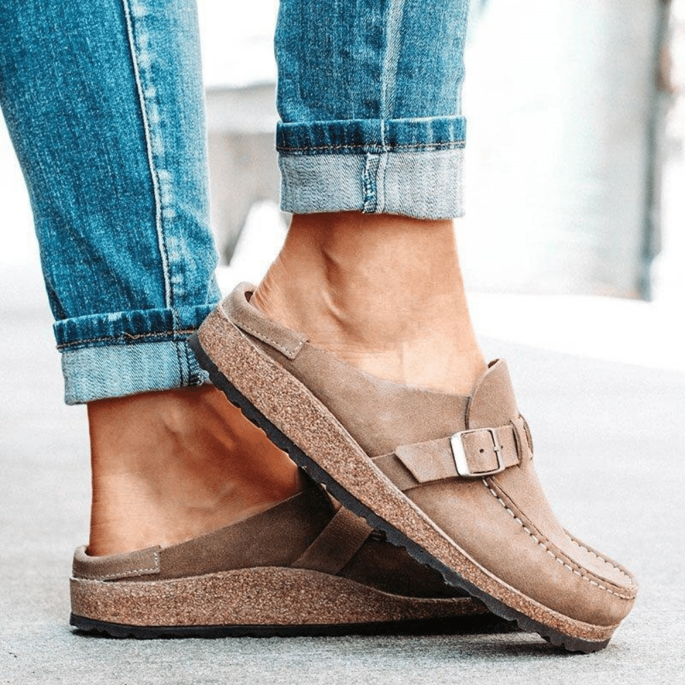 Backless Suede Mules with Buckle Strap