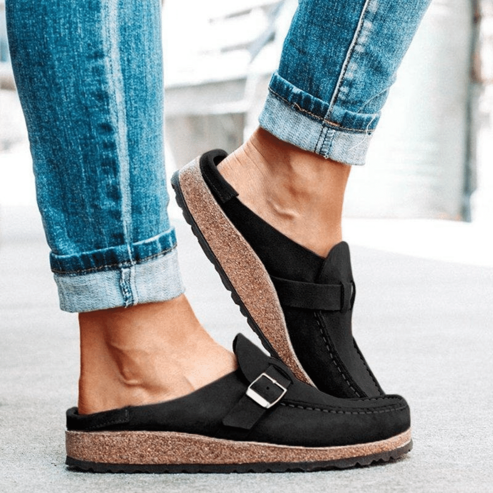 Backless Suede Mules with Buckle Strap