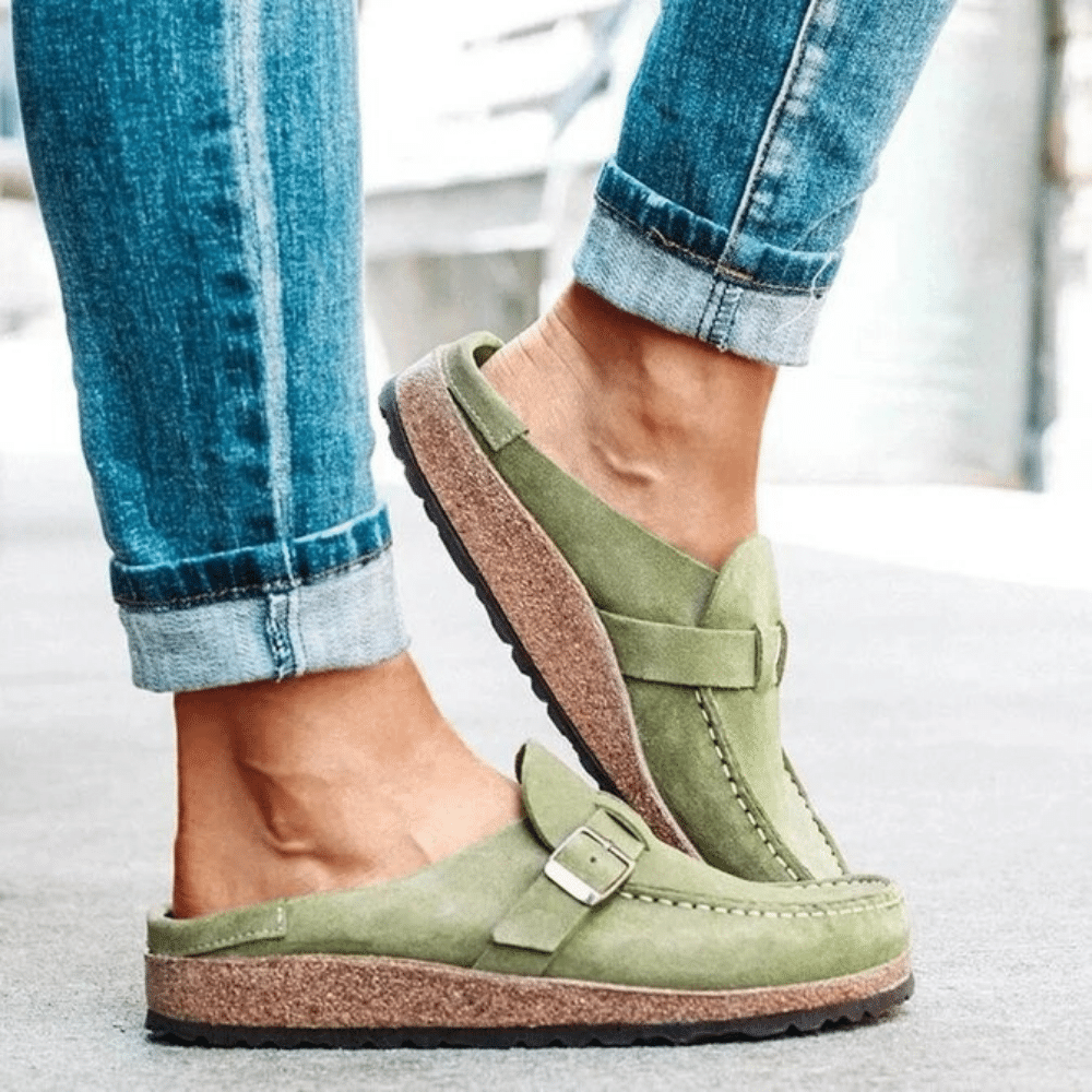Backless Suede Mules with Buckle Strap