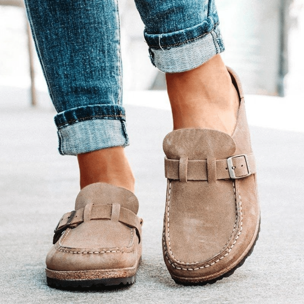 Backless Suede Mules with Buckle Strap