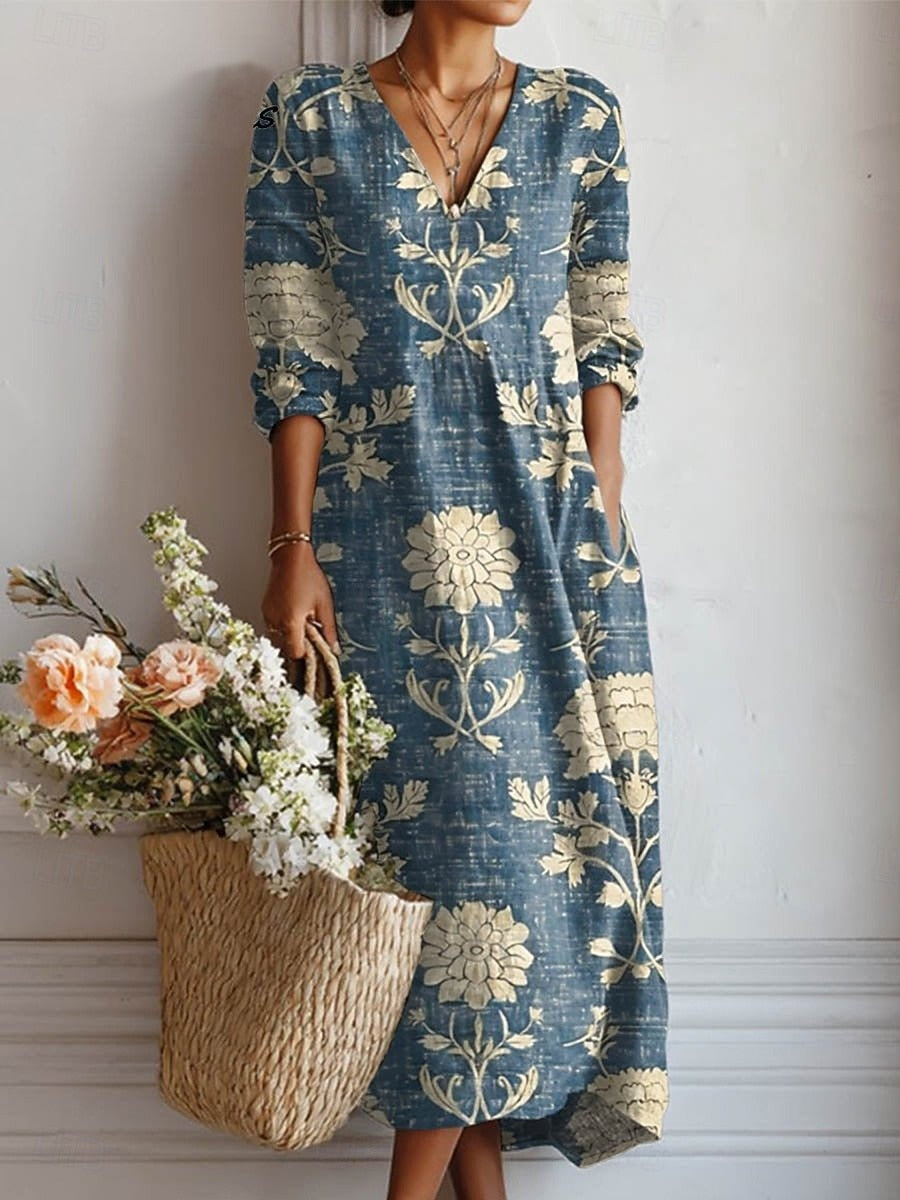 Floral Print Midi Dress with V-Neckline