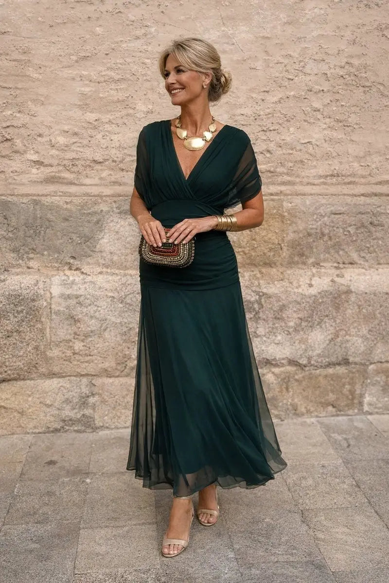 Women's V-Neck Ruched Maxi Dress with Flutter Sleeves