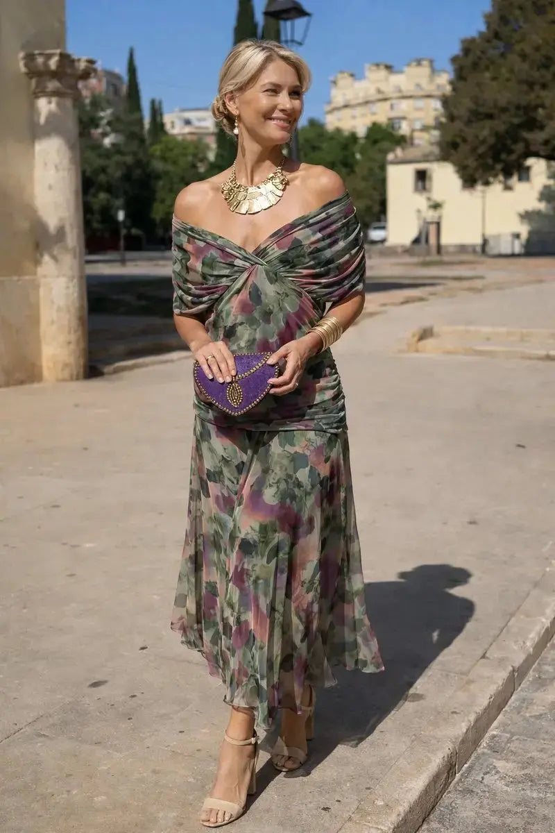 Women's V-Neck Ruched Maxi Dress with Flutter Sleeves