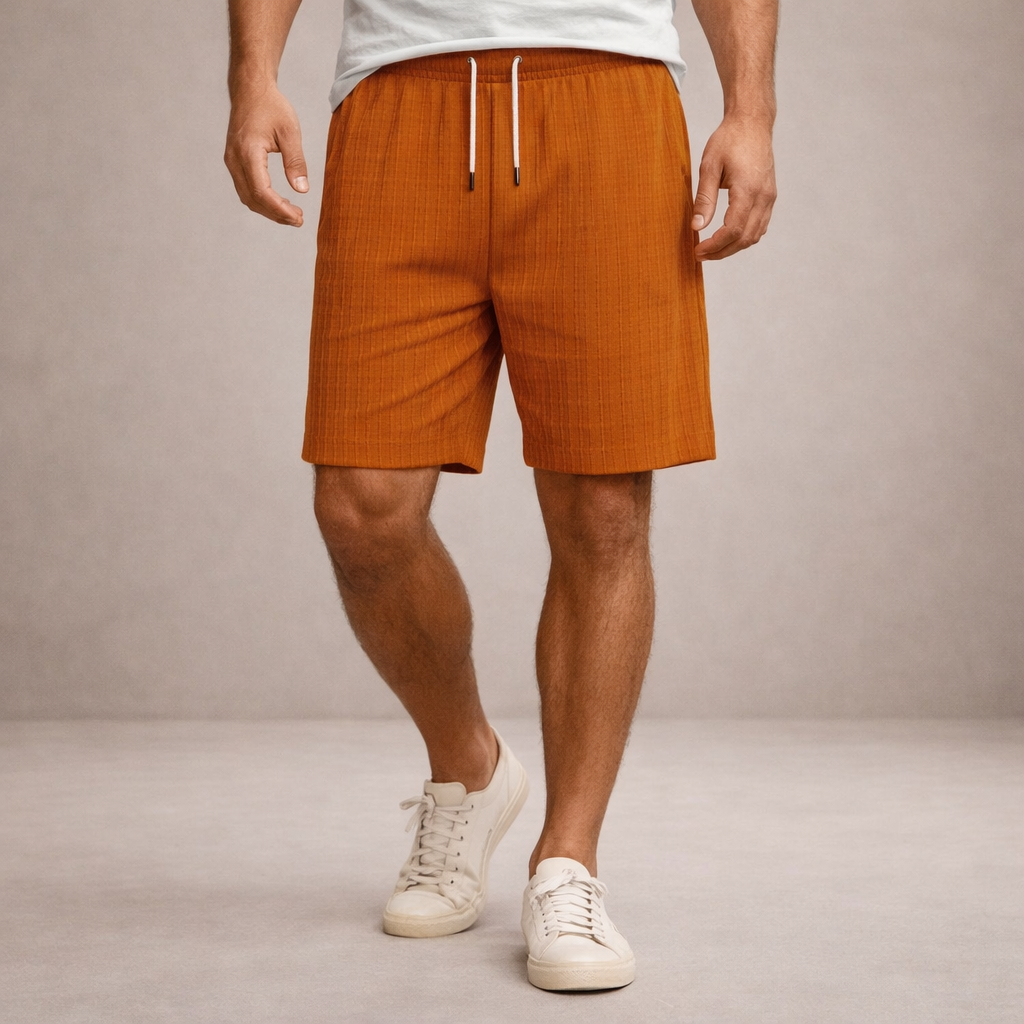 Linen-Blend Drawstring Shorts with Striped Texture