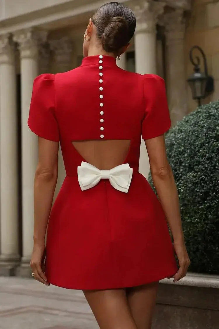 Structured Mini Dress with Puff Sleeves and Mock Neck