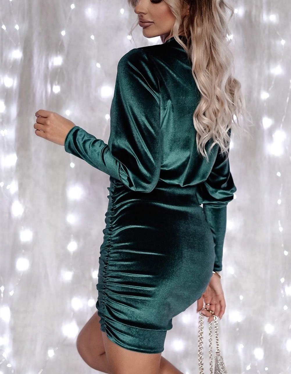 Women's Velvet Mini Dress with Ruched Skirt & Long Sleeves