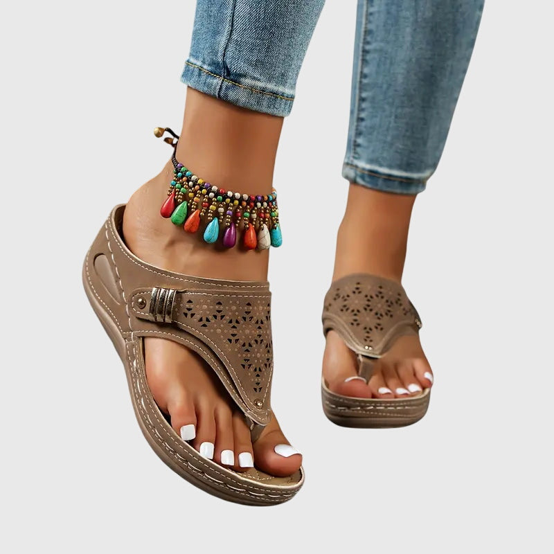 Toe-Post Wedge Sandals with Buckle Strap