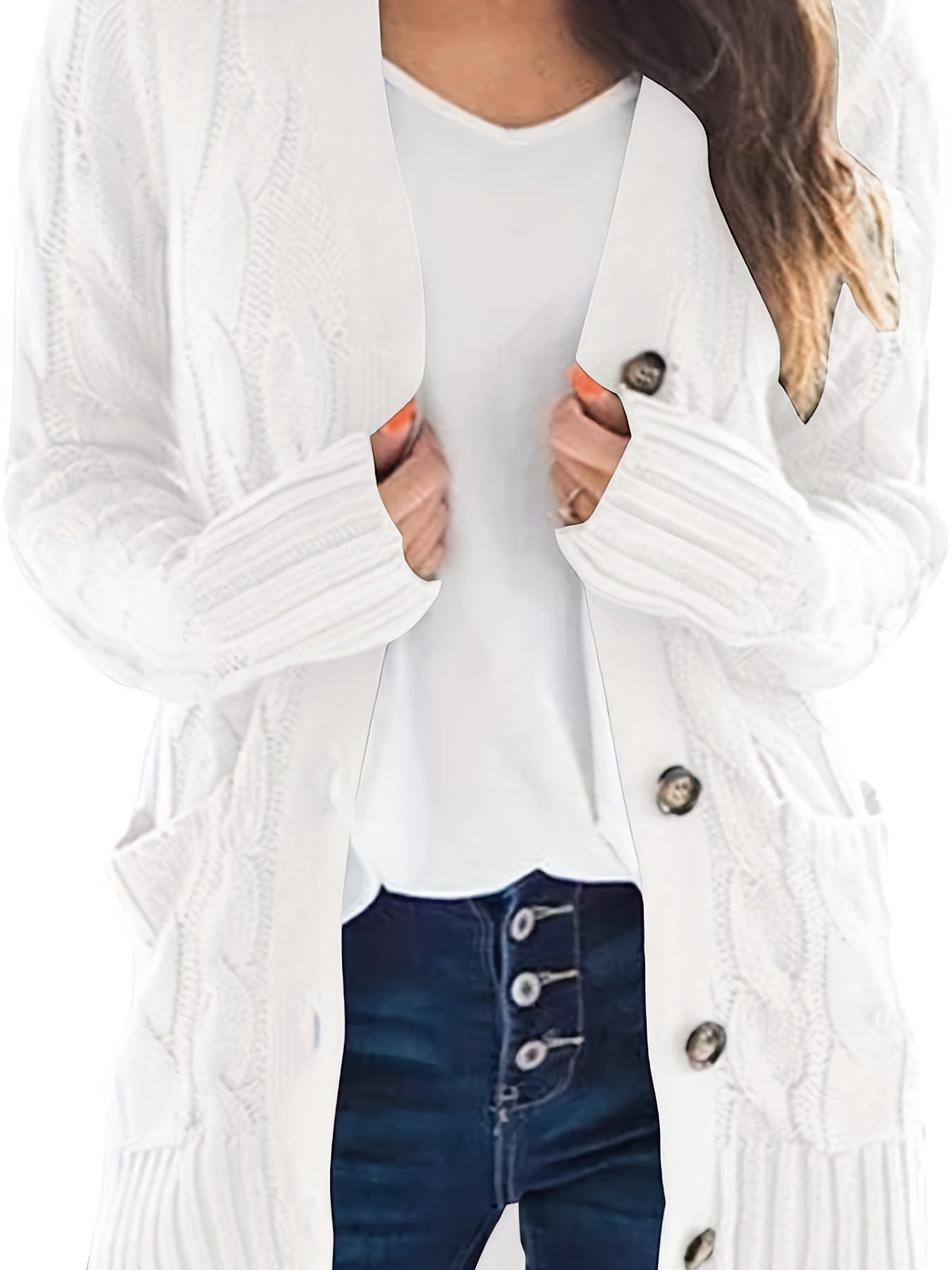 Gilet long en maille torsadée pour femme avec poches