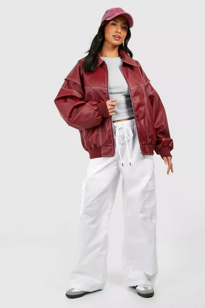 Women's Oversized Contrast Stitch Leather-Look Bomber Jacket