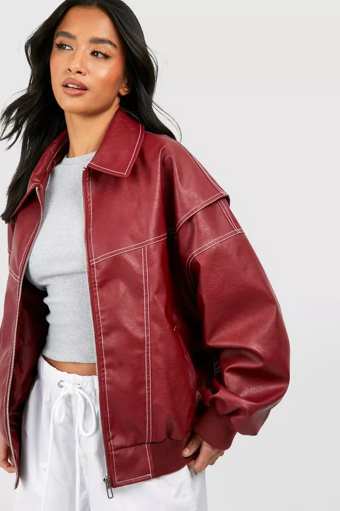 Women's Oversized Contrast Stitch Leather-Look Bomber Jacket