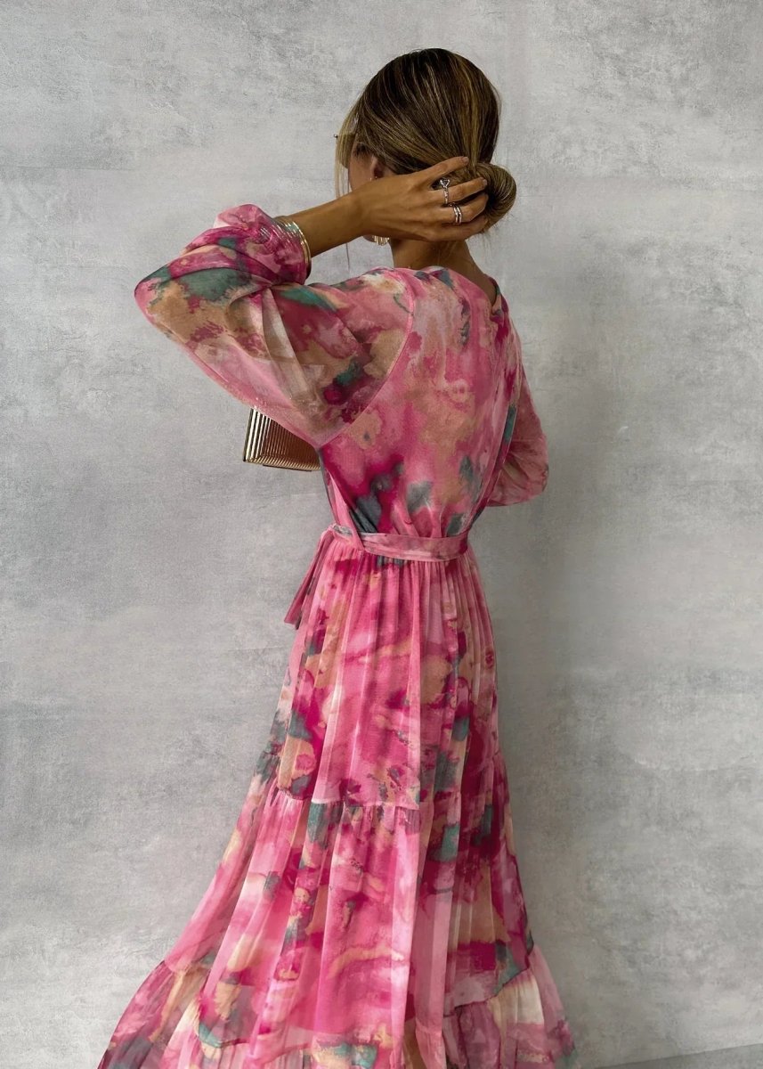 Chiffon Wrap Maxi Dress with Balloon Sleeves and Tiered Hem