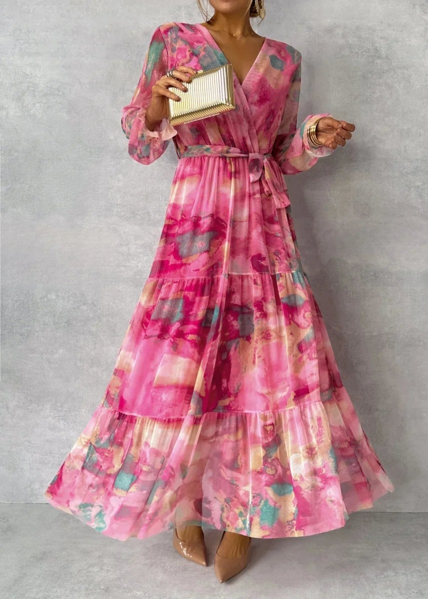 Chiffon Wrap Maxi Dress with Balloon Sleeves and Tiered Hem