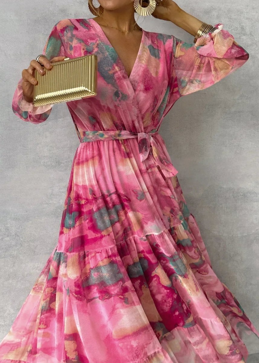 Chiffon Wrap Maxi Dress with Balloon Sleeves and Tiered Hem