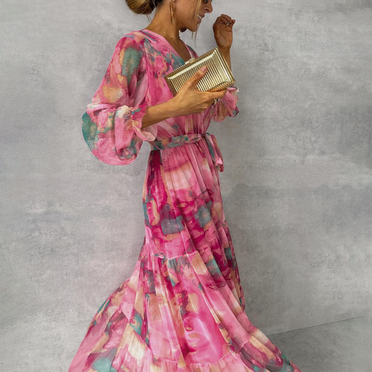 Chiffon Wrap Maxi Dress with Balloon Sleeves and Tiered Hem