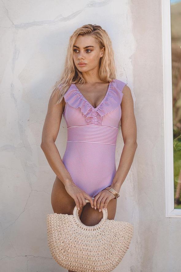 Women's Striped Ruffle One-Piece Swimsuit