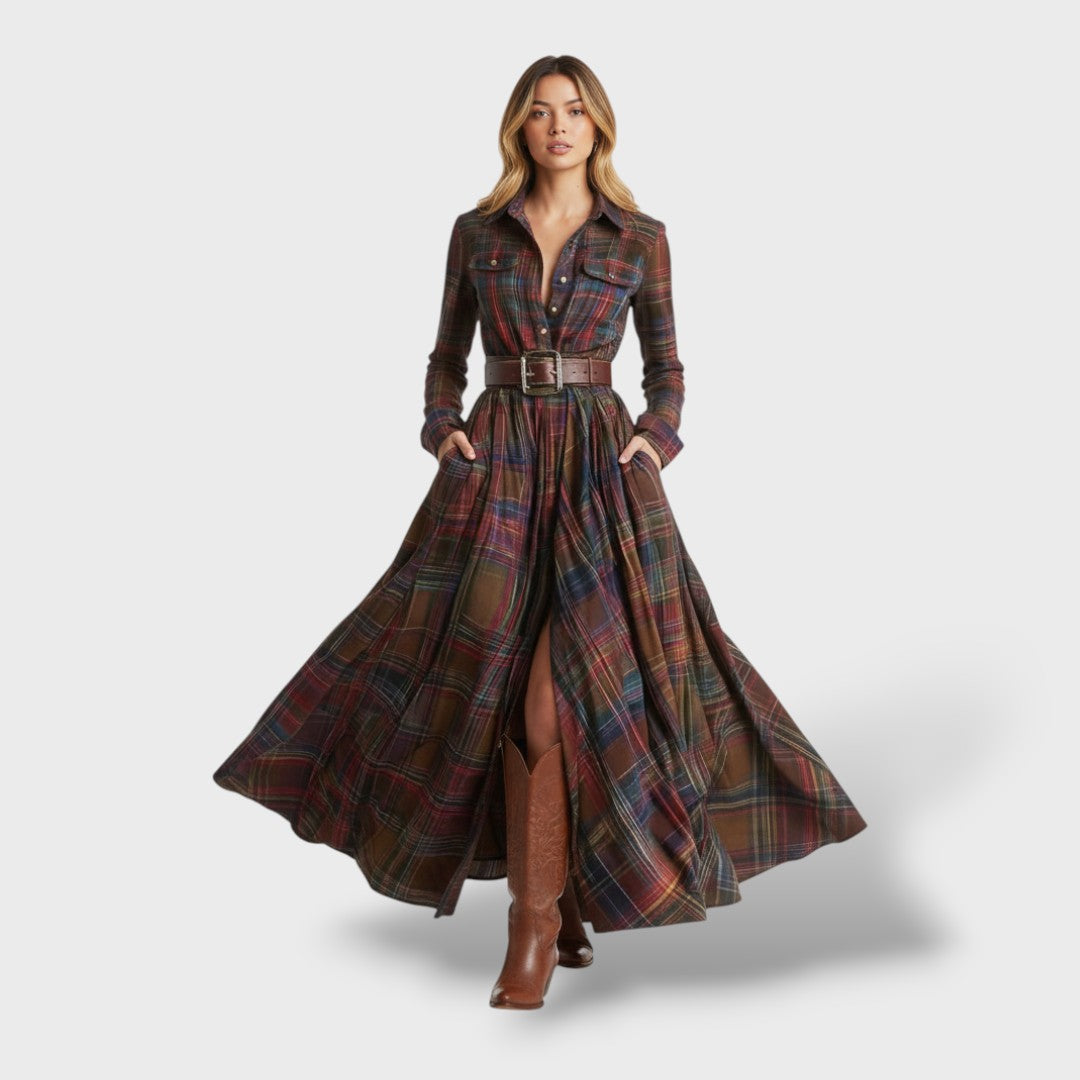 Robe-chemise longue à carreaux tartan pour femme, manches longues