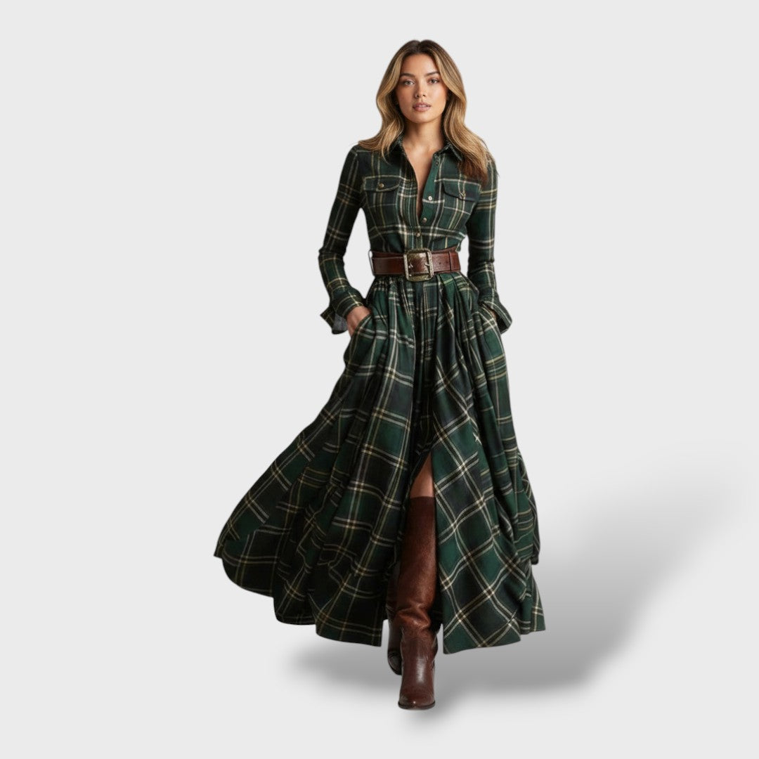 Robe-chemise longue à carreaux tartan pour femme, manches longues