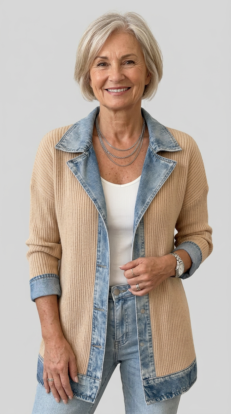 Gilet long en maille côtelée avec finitions en denim pour femme