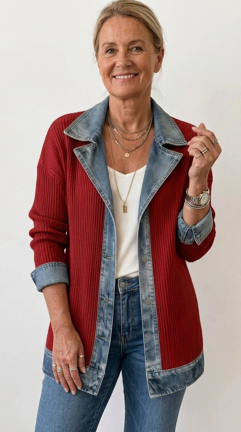 Gilet long en maille côtelée avec finitions en denim pour femme