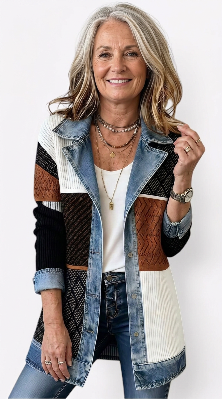Gilet long en maille côtelée avec finitions en denim pour femme