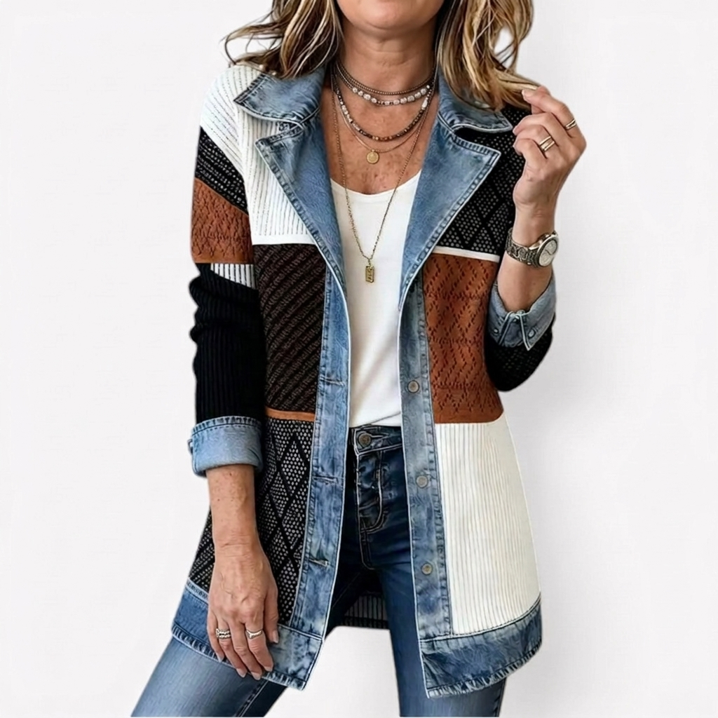 Gilet long en maille côtelée avec finitions en denim pour femme
