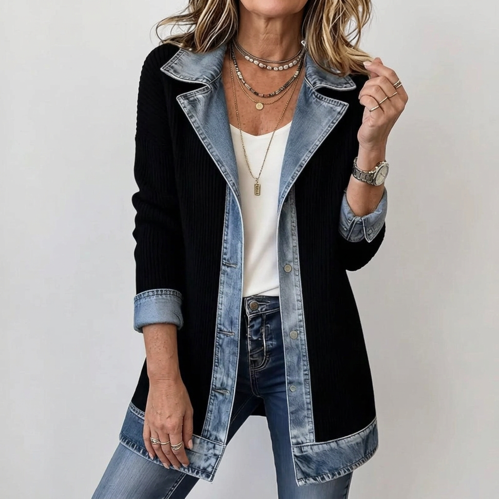 Gilet long en maille côtelée avec finitions en denim pour femme
